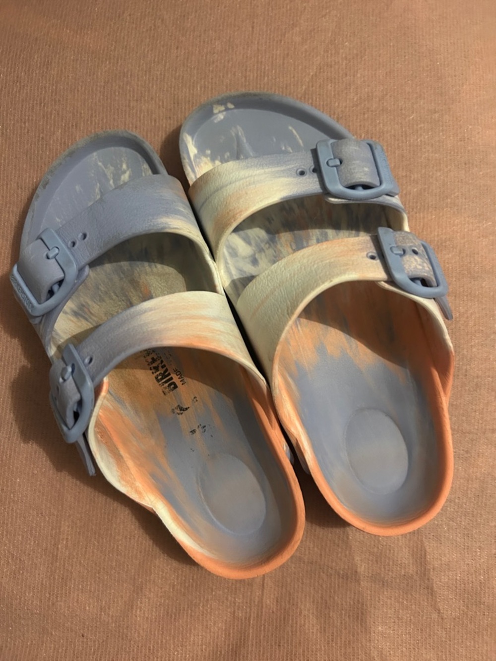 Birkenstocks Two-strap Slide Sandals in Light Blue and Peach Tie-Dye